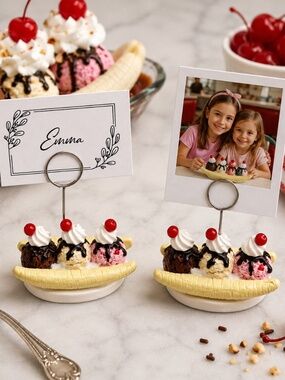Banana Split Ice Cream Sundae Photo & Place Card Holder Set 2 | Handmade Dessert